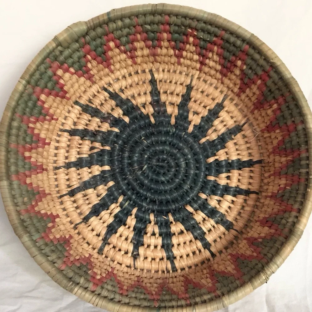 VTG Primitive Coil Basket Sweet Grass Hand Woven Star Boho Basket Bowl 9 inch